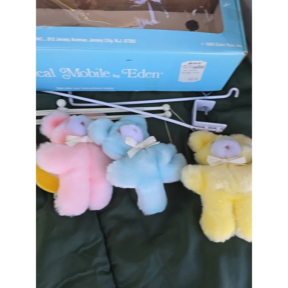 Vtg 1986 Eden Toys Musical Crib Mobile Teddy Bears Pastel Pink Blue Yellow Boxed